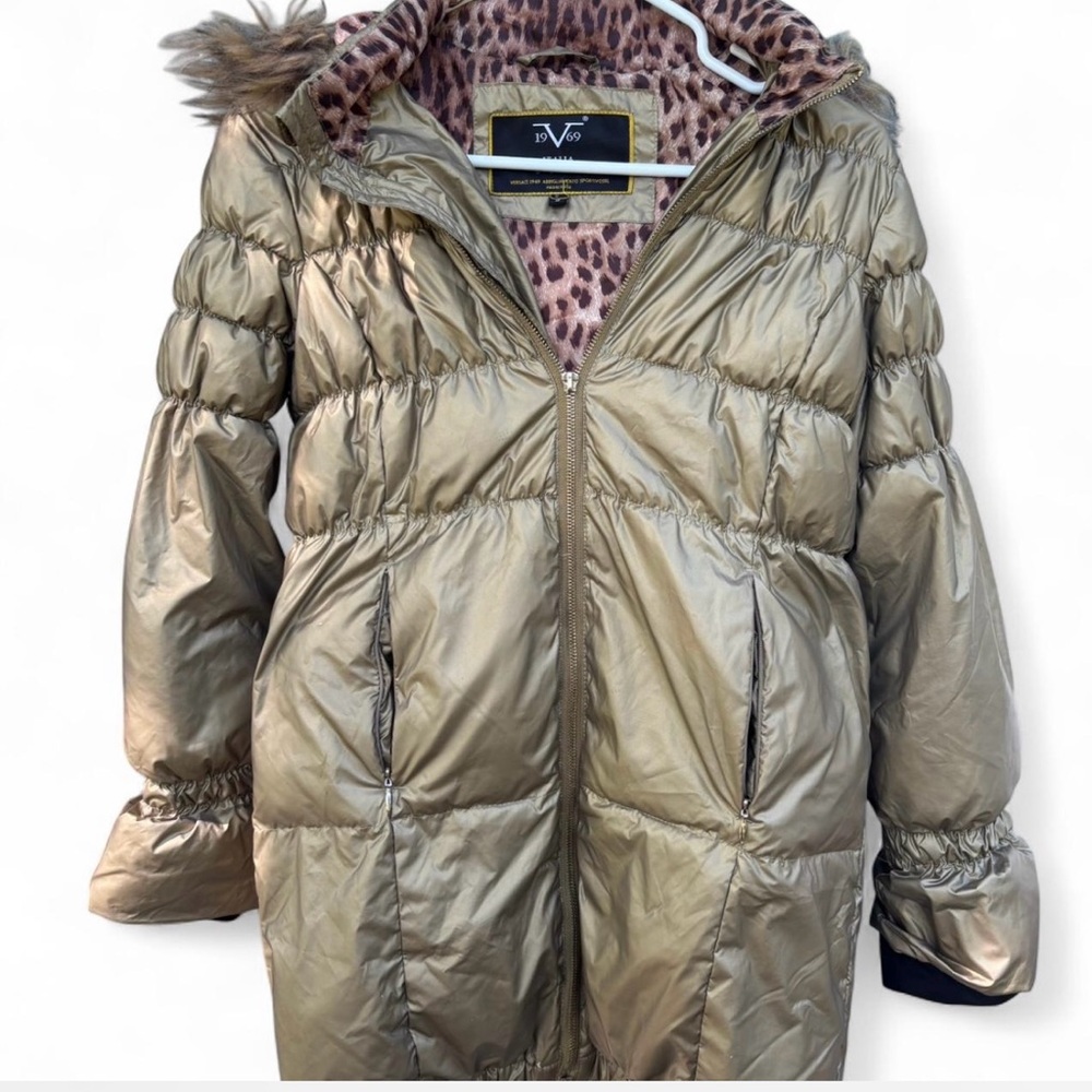 Versace Kids Gold Puffer Jacket with Faux Fur Trim